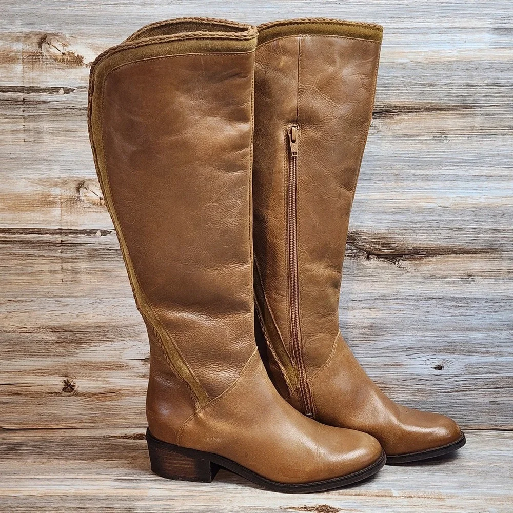 Tan Leather Knee High Equestrian Boots with Braided Trim Size 9